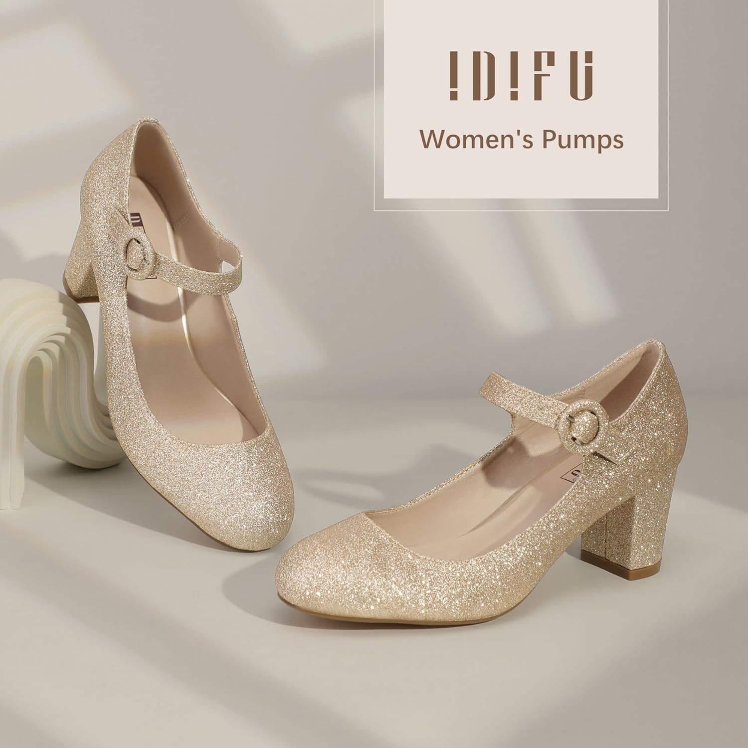 image:imageIDIFU Womens Candy Dress Mary Jane Shoes Low Block Heels Closed Round Toe Office Work Church Wedding PumpsGold Glitter