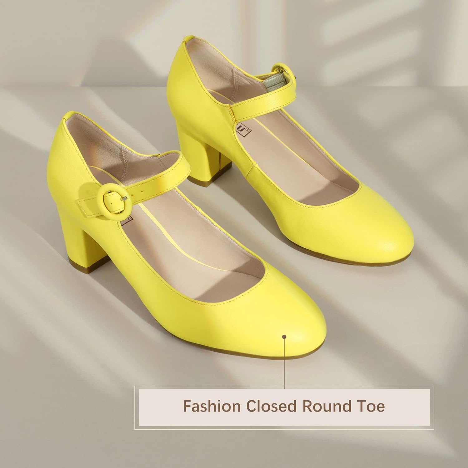 image:imageIDIFU Womens Candy Dress Mary Jane Shoes Low Block Heels Closed Round Toe Office Work Church Wedding PumpsLemon Pu