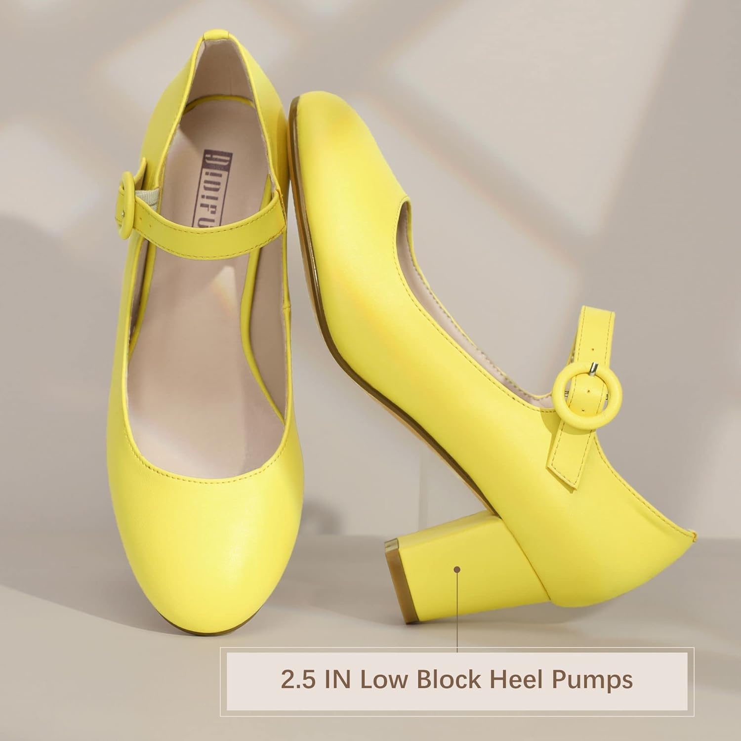 image:imageIDIFU Womens Candy Dress Mary Jane Shoes Low Block Heels Closed Round Toe Office Work Church Wedding PumpsLemon Pu