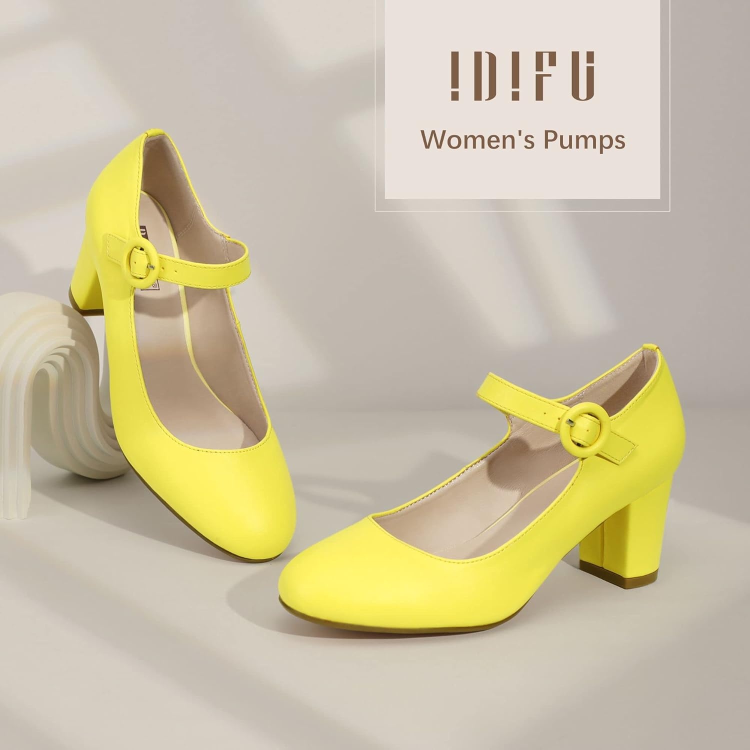 image:imageIDIFU Womens Candy Dress Mary Jane Shoes Low Block Heels Closed Round Toe Office Work Church Wedding PumpsLemon Pu