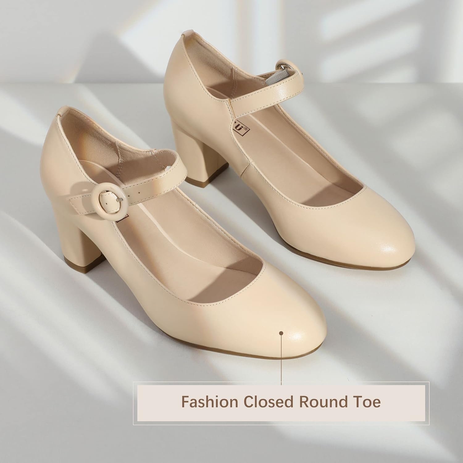 image:imageIDIFU Womens Candy Dress Mary Jane Shoes Low Block Heels Closed Round Toe Office Work Church Wedding PumpsNude Pu