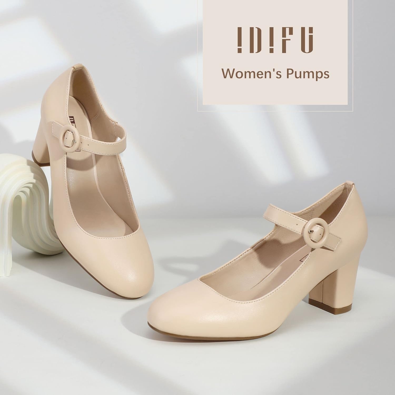 image:imageIDIFU Womens Candy Dress Mary Jane Shoes Low Block Heels Closed Round Toe Office Work Church Wedding PumpsNude Pu