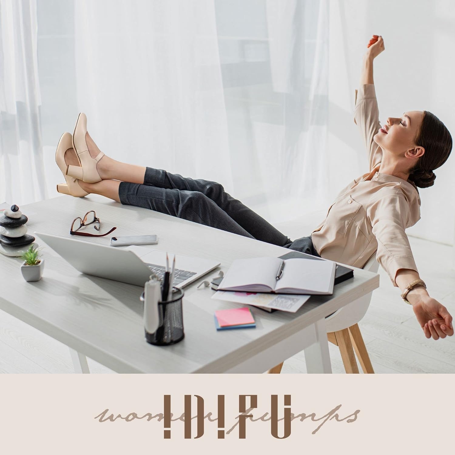 image:imageIDIFU Womens Candy Dress Mary Jane Shoes Low Block Heels Closed Round Toe Office Work Church Wedding PumpsNude Pu