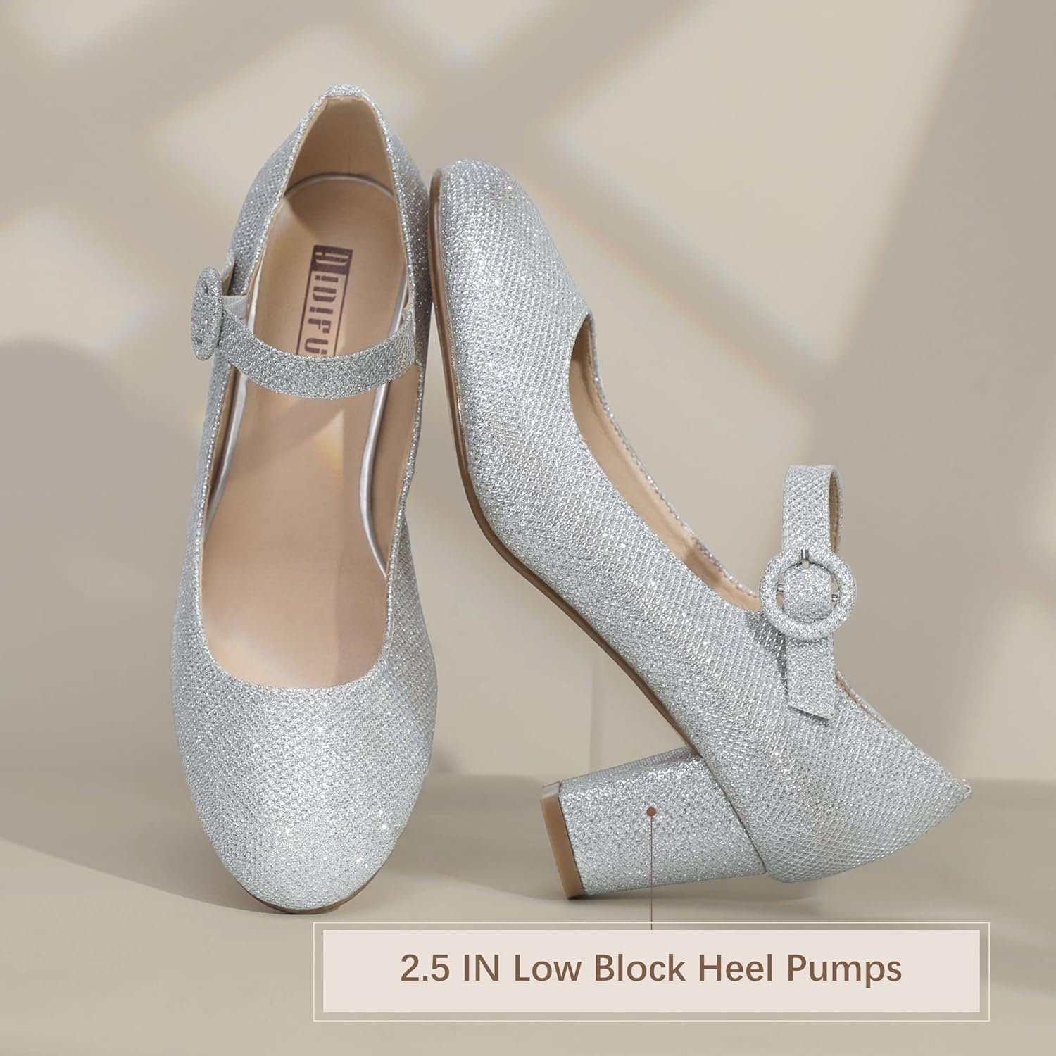 image:imageIDIFU Womens Candy Dress Mary Jane Shoes Low Block Heels Closed Round Toe Office Work Church Wedding PumpsSilver Glitter
