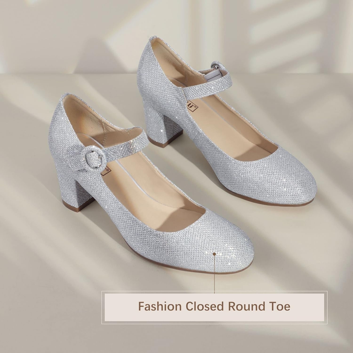 image:imageIDIFU Womens Candy Dress Mary Jane Shoes Low Block Heels Closed Round Toe Office Work Church Wedding PumpsSilver Glitter