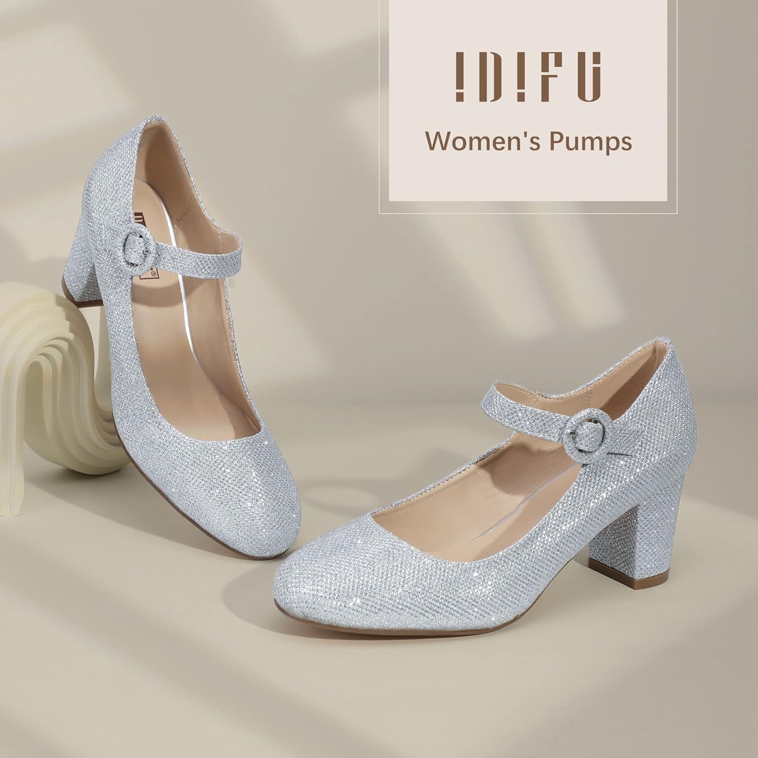 image:imageIDIFU Womens Candy Dress Mary Jane Shoes Low Block Heels Closed Round Toe Office Work Church Wedding PumpsSilver Glitter