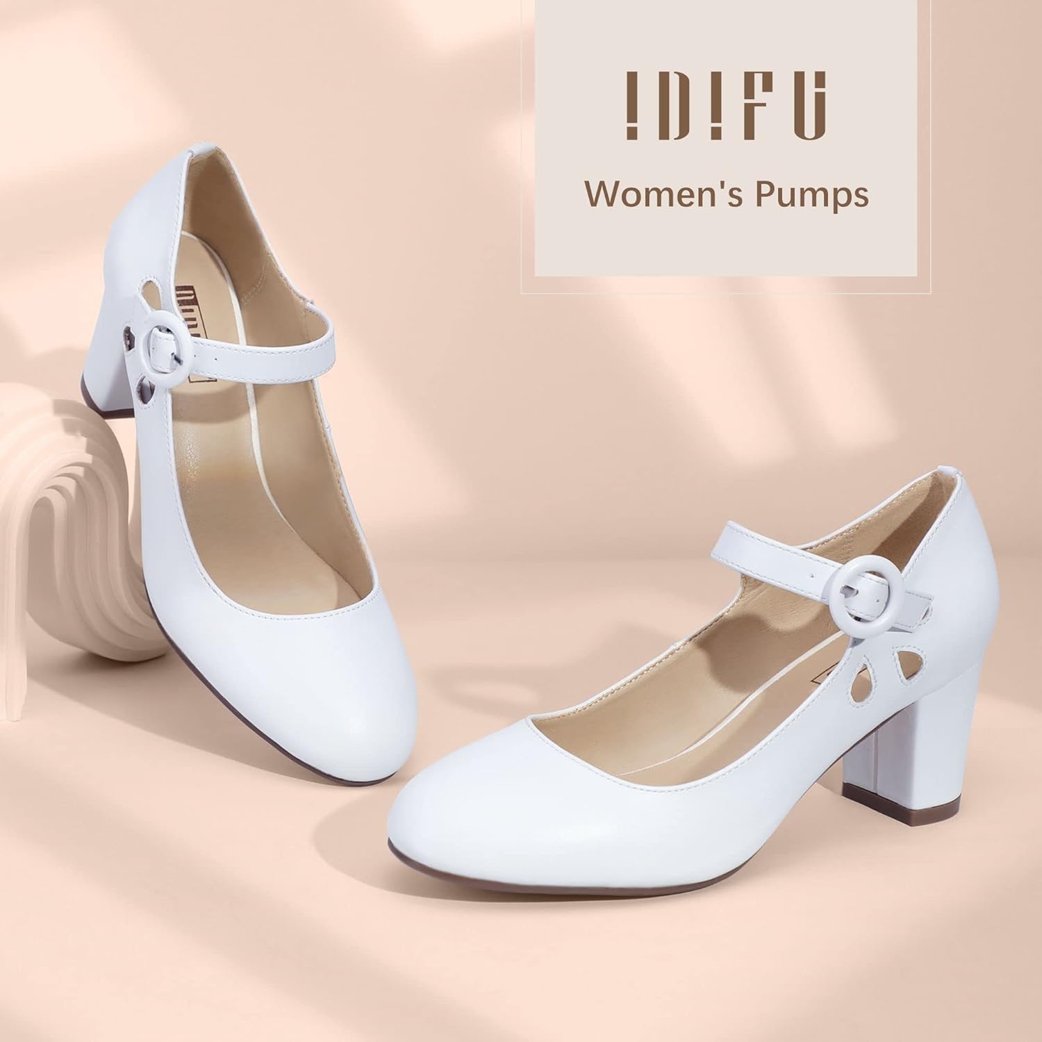 image:imageIDIFU Womens Candy Dress Mary Jane Shoes Low Block Heels Closed Round Toe Office Work Church Wedding PumpsWhite