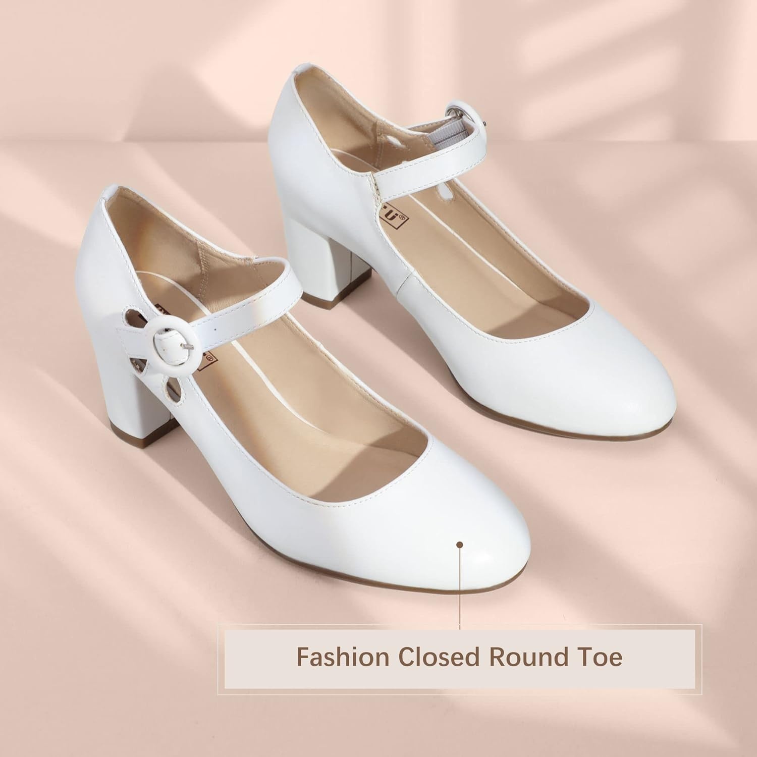 image:imageIDIFU Womens Candy Dress Mary Jane Shoes Low Block Heels Closed Round Toe Office Work Church Wedding PumpsWhite