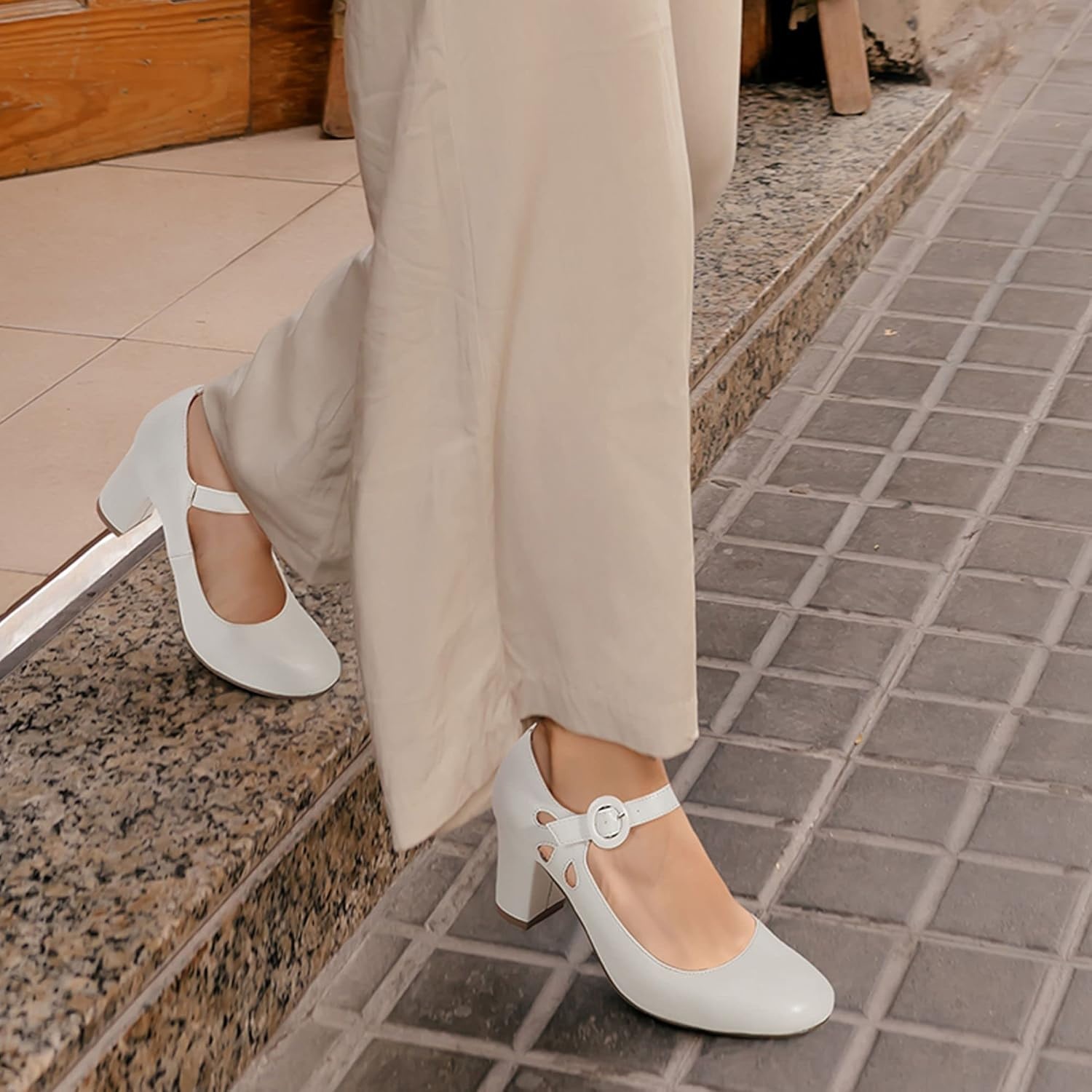 image:imageIDIFU Womens Candy Dress Mary Jane Shoes Low Block Heels Closed Round Toe Office Work Church Wedding PumpsWhite