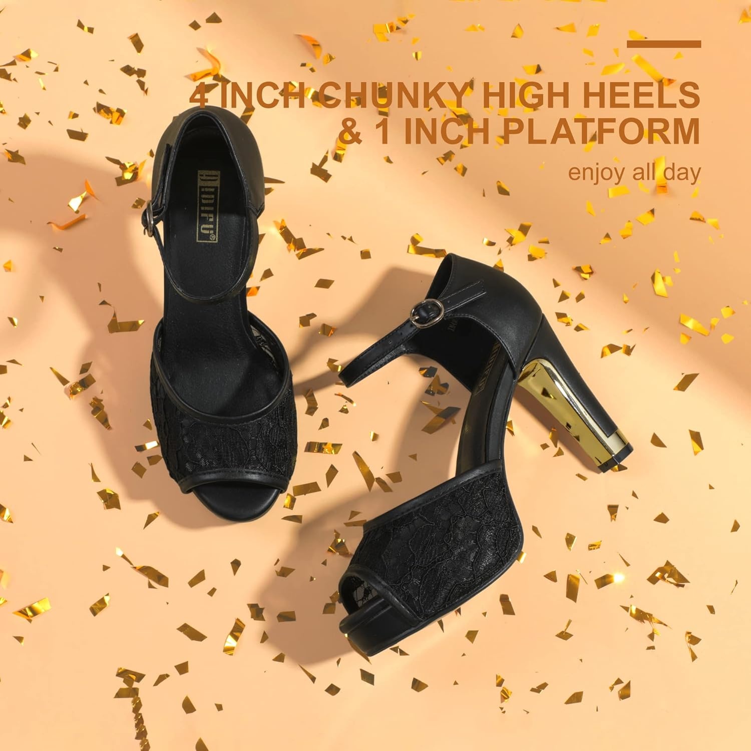 image:imageIDIFU Womens IN4 Mary Platform Chunky High Heels Sandals Peep Toe Dress Wedding Bridal Shoes for Women Bride BridesmaidBlack