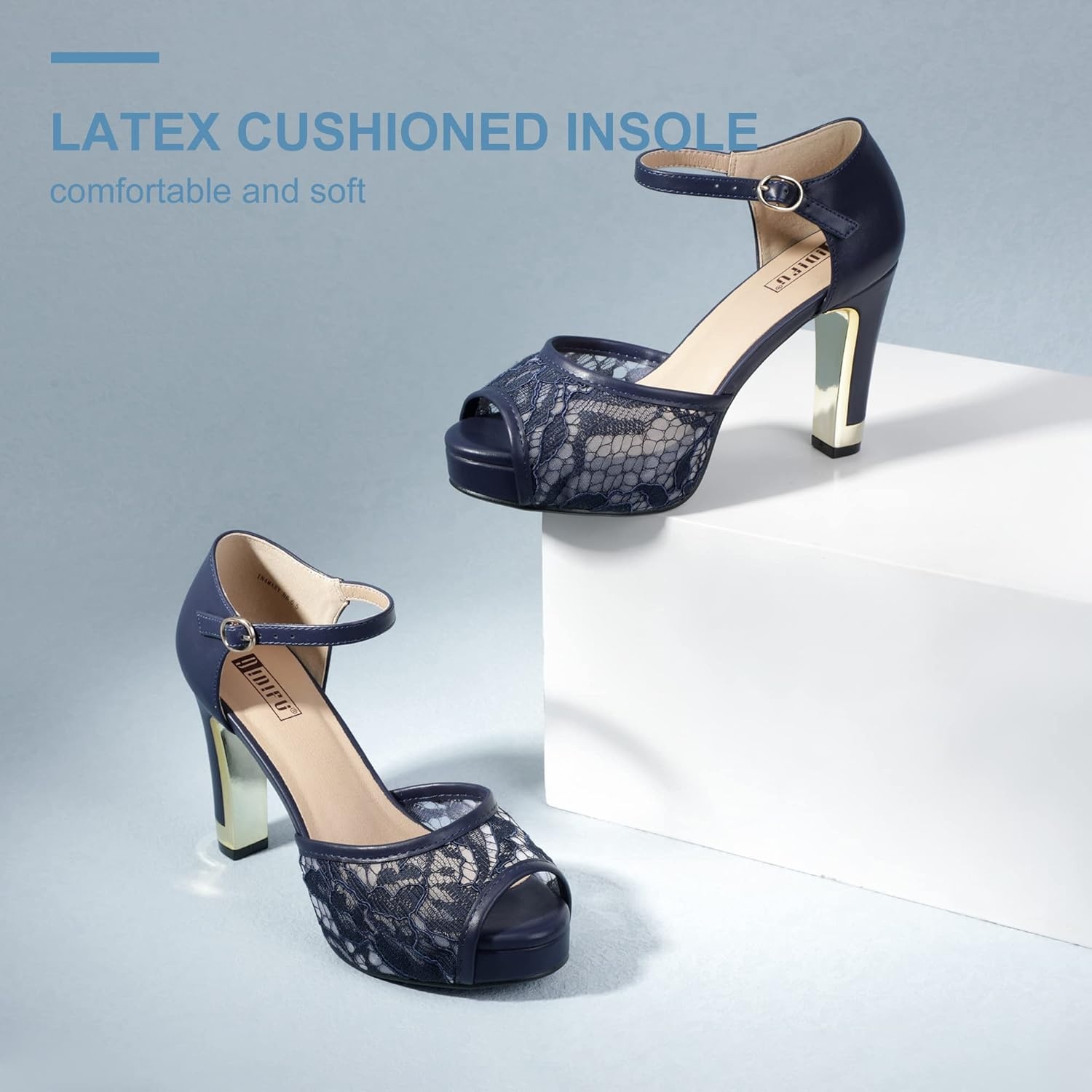 image:imageIDIFU Womens IN4 Mary Platform Chunky High Heels Sandals Peep Toe Dress Wedding Bridal Shoes for Women Bride BridesmaidNavy Pu