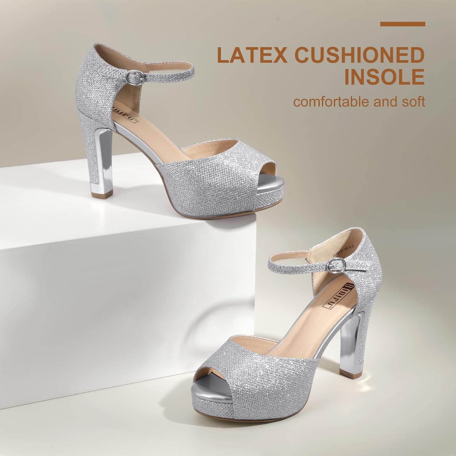 image:imageIDIFU Womens IN4 Mary Platform Chunky High Heels Sandals Peep Toe Dress Wedding Bridal Shoes for Women Bride BridesmaidSilver Glitter Classic