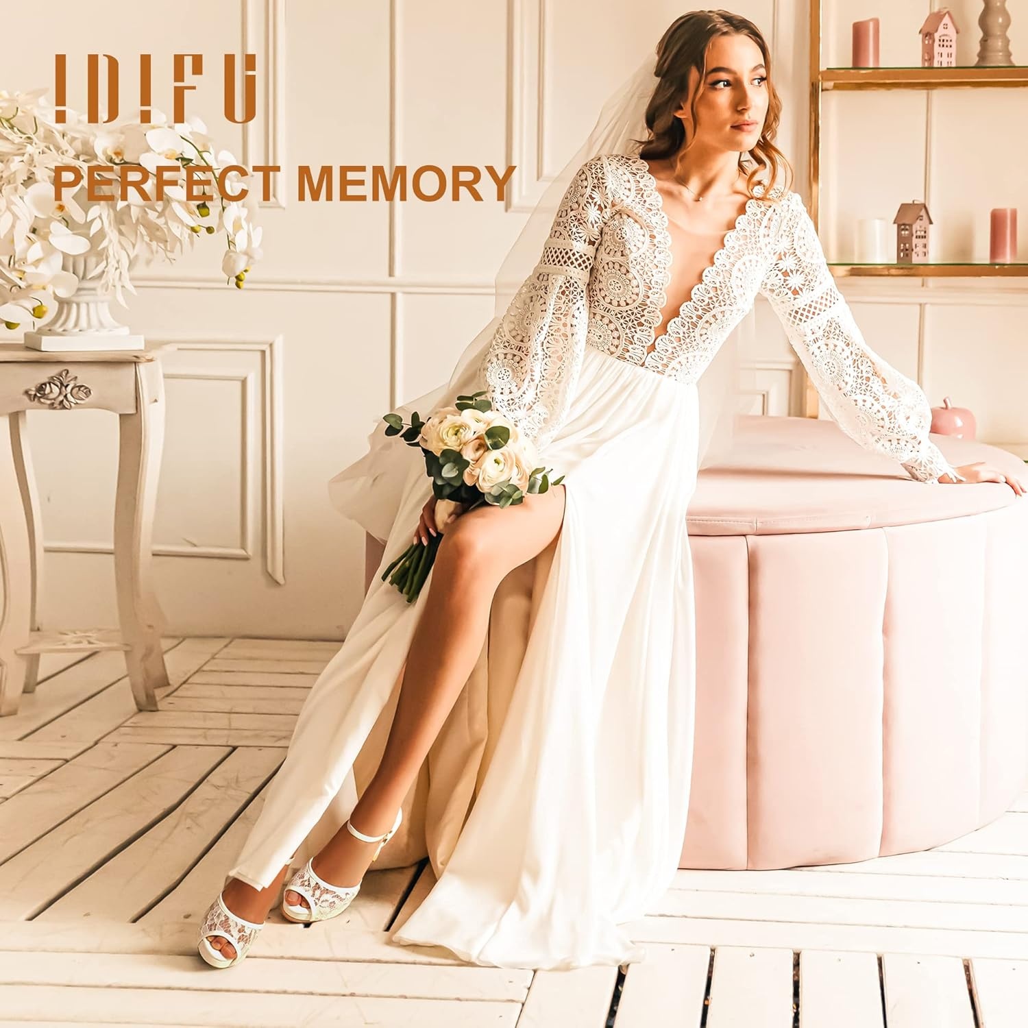 image:imageIDIFU Womens IN4 Mary Platform Chunky High Heels Sandals Peep Toe Dress Wedding Bridal Shoes for Women Bride BridesmaidWhite