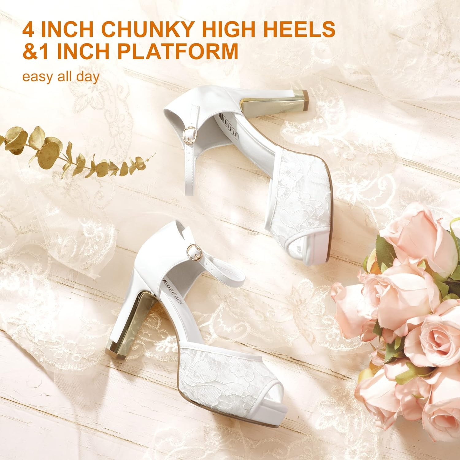 image:imageIDIFU Womens IN4 Mary Platform Chunky High Heels Sandals Peep Toe Dress Wedding Bridal Shoes for Women Bride BridesmaidWhite