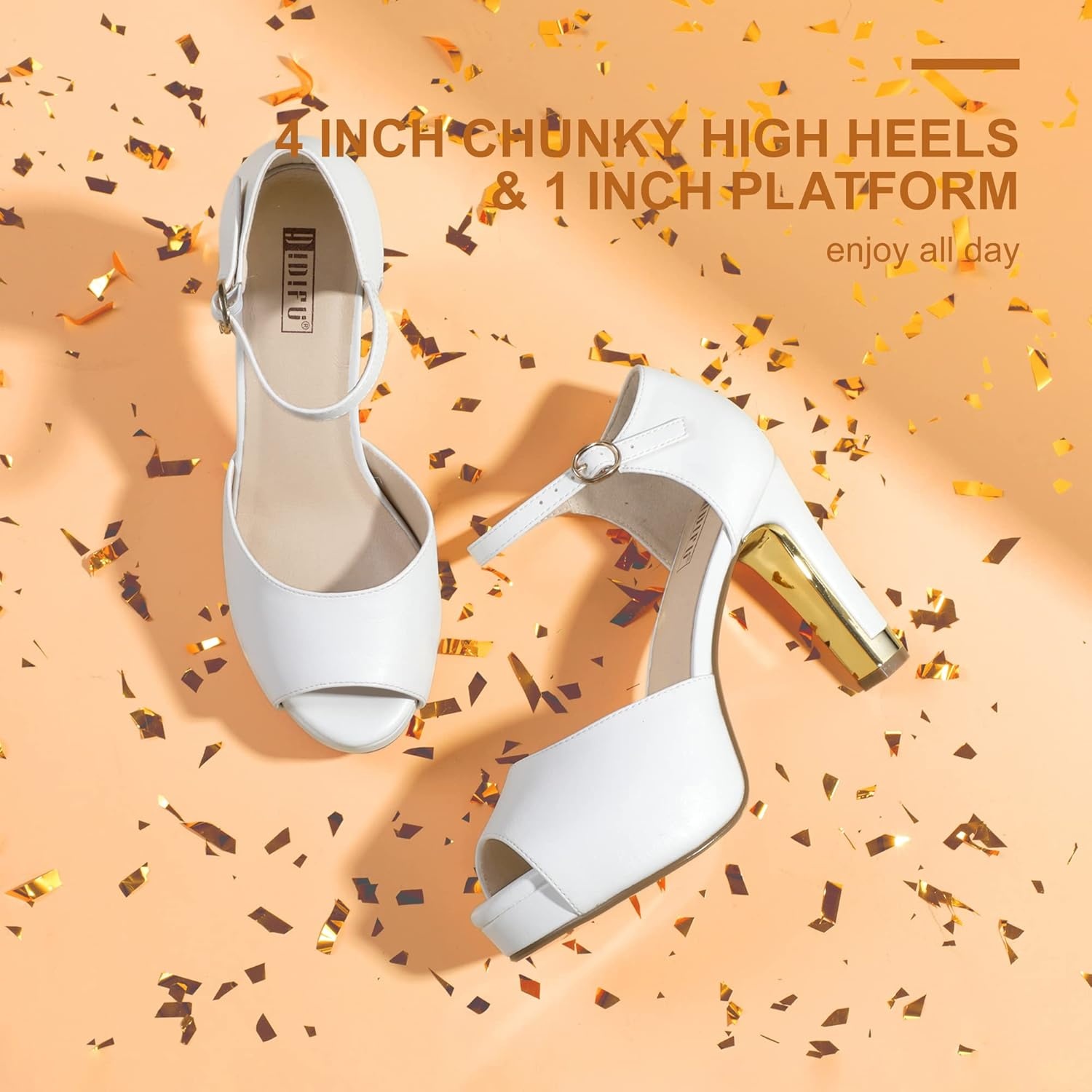 image:imageIDIFU Womens IN4 Mary Platform Chunky High Heels Sandals Peep Toe Dress Wedding Bridal Shoes for Women Bride BridesmaidWhite Pu Classic