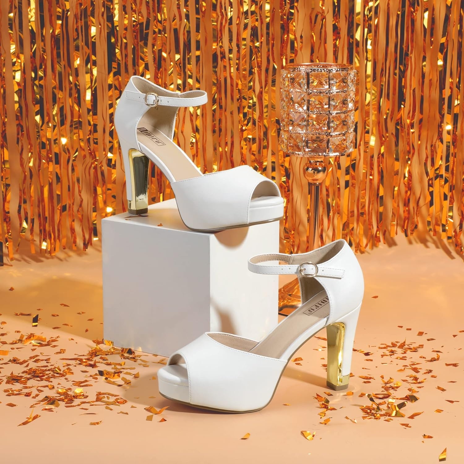 image:imageIDIFU Womens IN4 Mary Platform Chunky High Heels Sandals Peep Toe Dress Wedding Bridal Shoes for Women Bride BridesmaidWhite Pu Classic