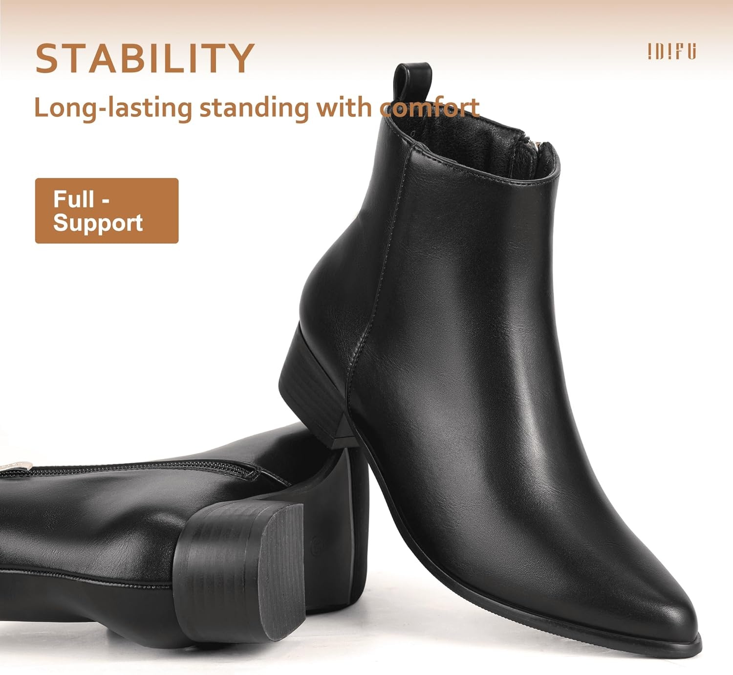 image:imageIDIFU Womens Romy Classic Pointed Toe Ankle Boots Side Zipper Low Block Heel Dress BootiesBlack Pu