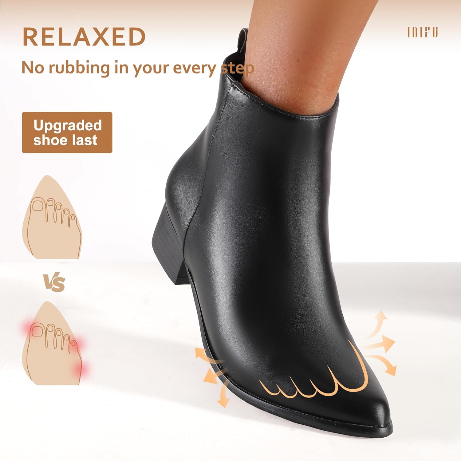 image:imageIDIFU Womens Romy Classic Pointed Toe Ankle Boots Side Zipper Low Block Heel Dress BootiesBlack Pu