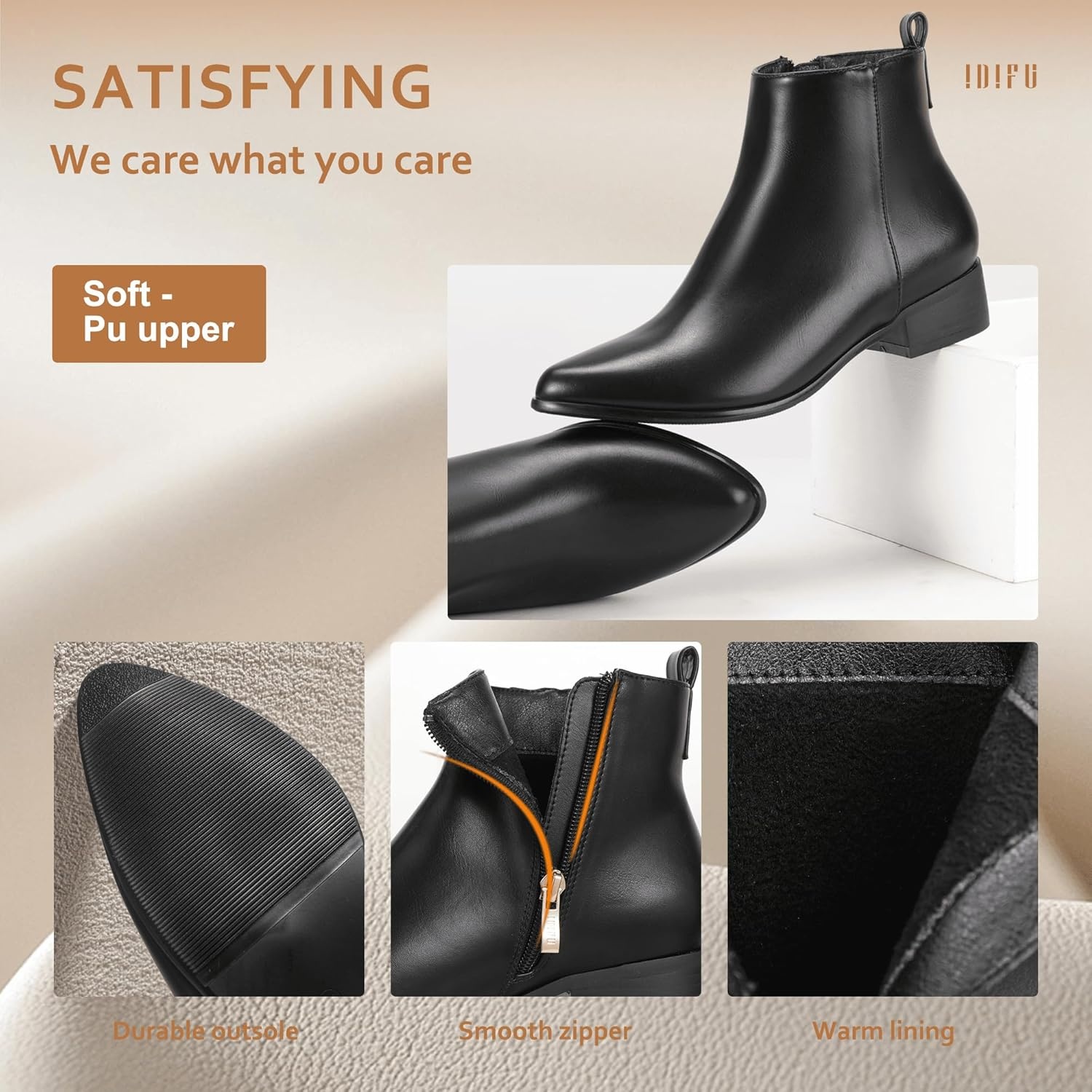 image:imageIDIFU Womens Romy Classic Pointed Toe Ankle Boots Side Zipper Low Block Heel Dress BootiesBlack Pu