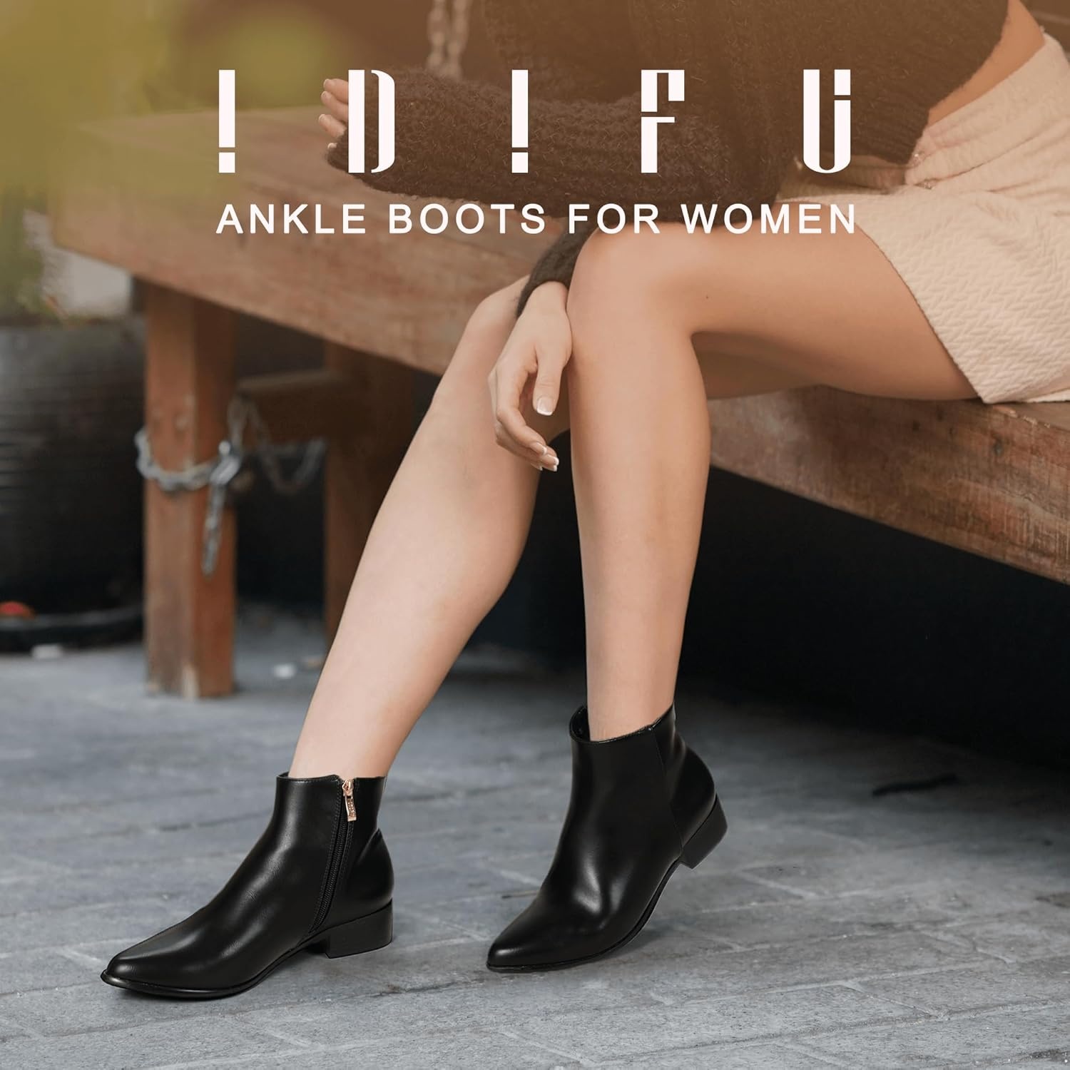 image:imageIDIFU Womens Romy Classic Pointed Toe Ankle Boots Side Zipper Low Block Heel Dress BootiesBlack Pu