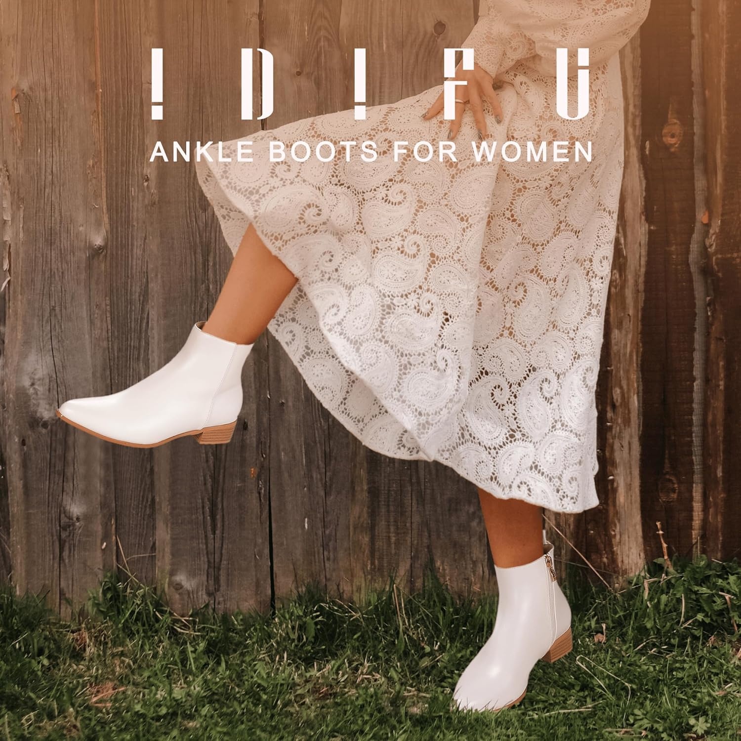 image:imageIDIFU Womens Romy Classic Pointed Toe Ankle Boots Side Zipper Low Block Heel Dress BootiesWhite Pu