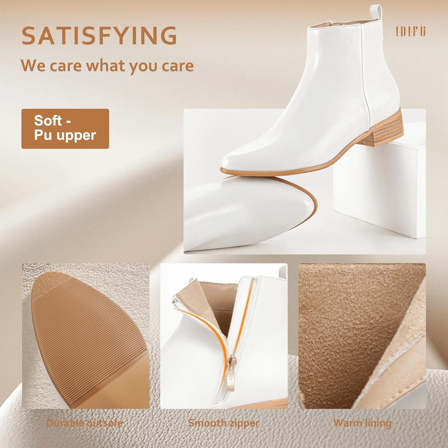 image:imageIDIFU Womens Romy Classic Pointed Toe Ankle Boots Side Zipper Low Block Heel Dress BootiesWhite Pu