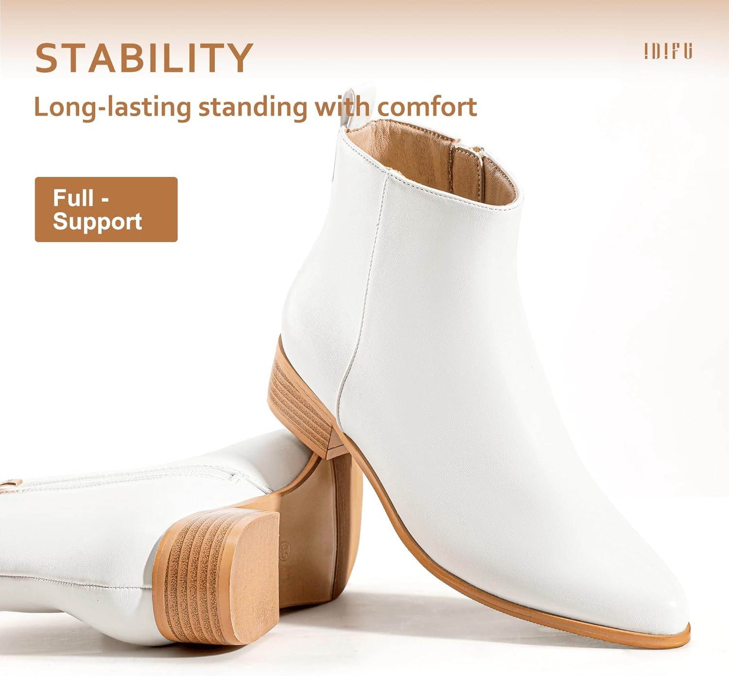 image:imageIDIFU Womens Romy Classic Pointed Toe Ankle Boots Side Zipper Low Block Heel Dress BootiesWhite Pu