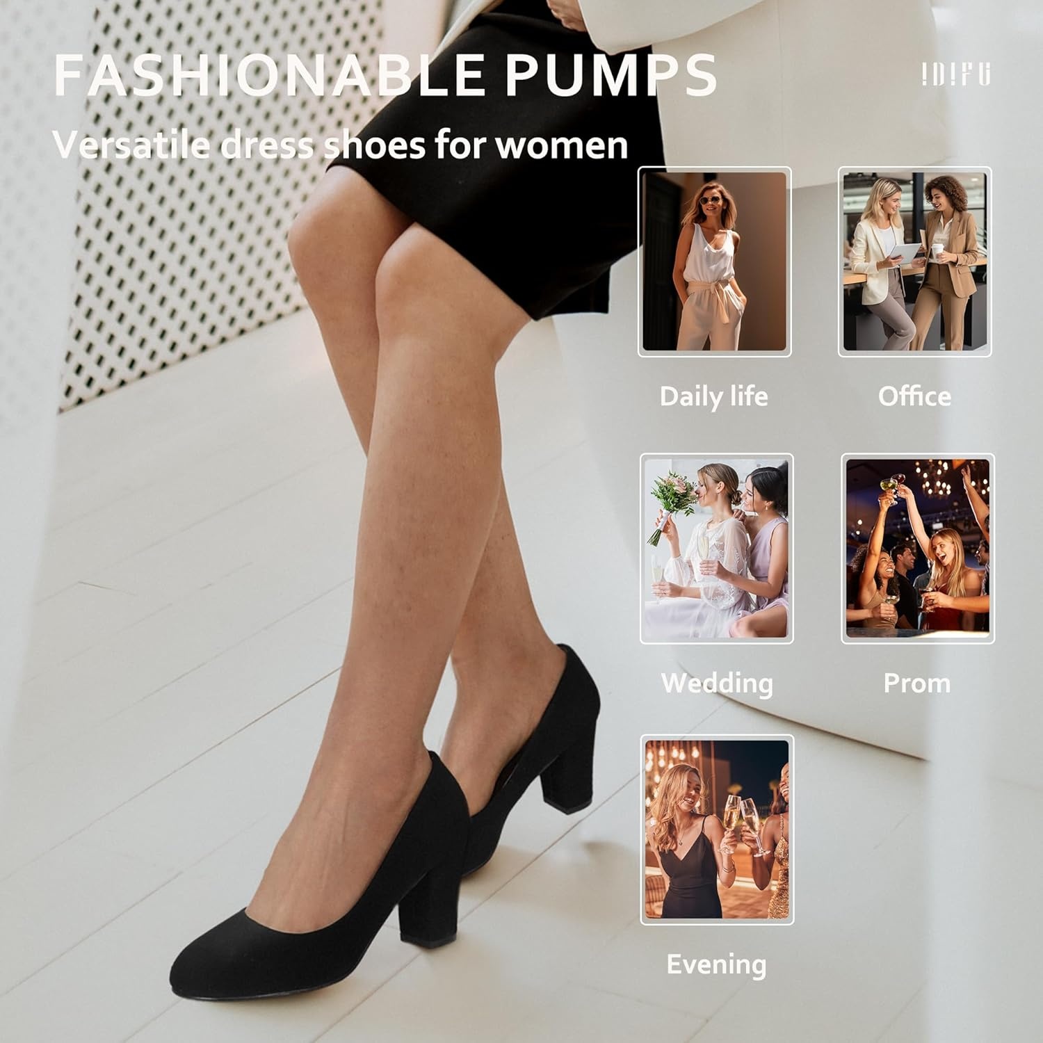 image:imageIDIFU Womens Sherry Dress Low Block Chunky Heels Pumps Closed Round Toe Shoes for Wedding Office EveningBlack Nubuck
