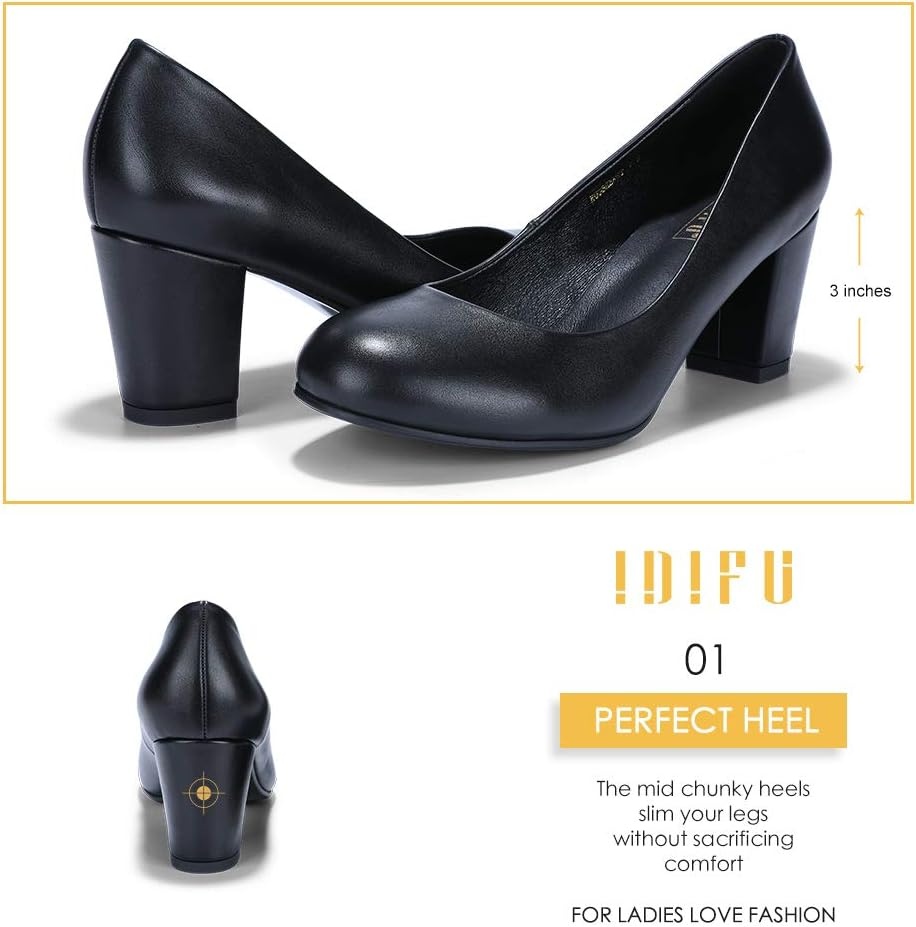 image:imageIDIFU Womens Sherry Dress Low Block Chunky Heels Pumps Closed Round Toe Shoes for Wedding Office EveningBlack Pu