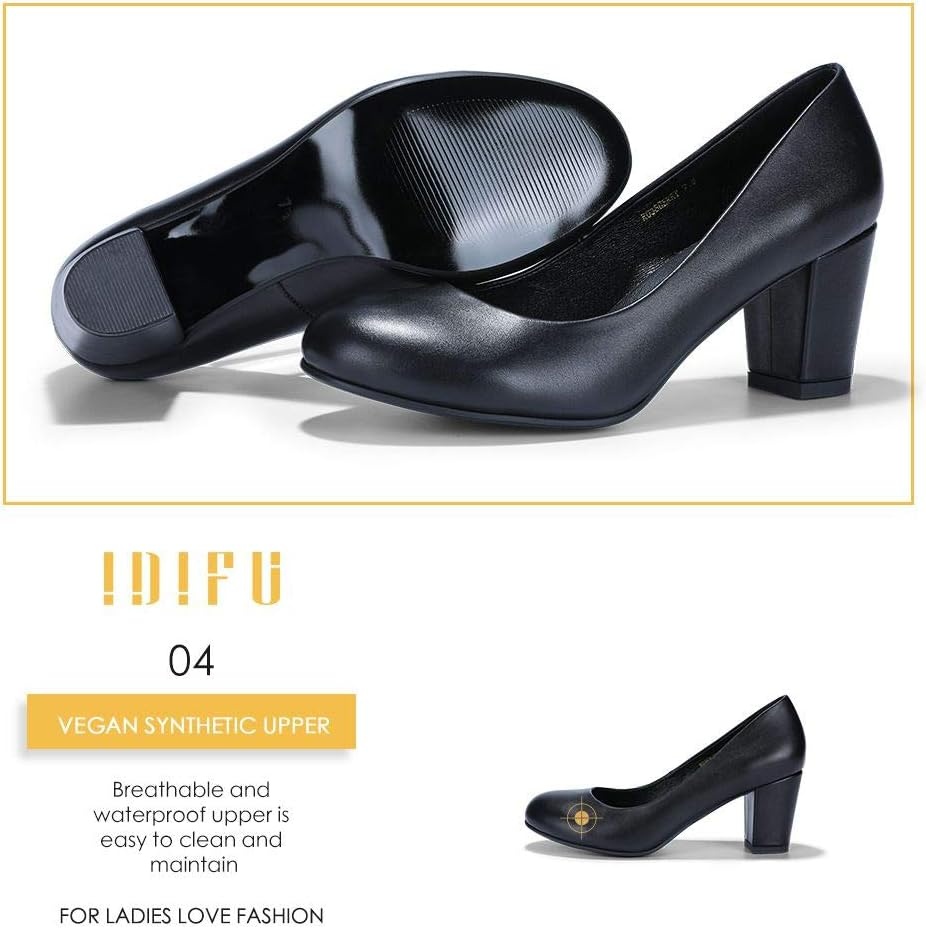 image:imageIDIFU Womens Sherry Dress Low Block Chunky Heels Pumps Closed Round Toe Shoes for Wedding Office EveningBlack Pu