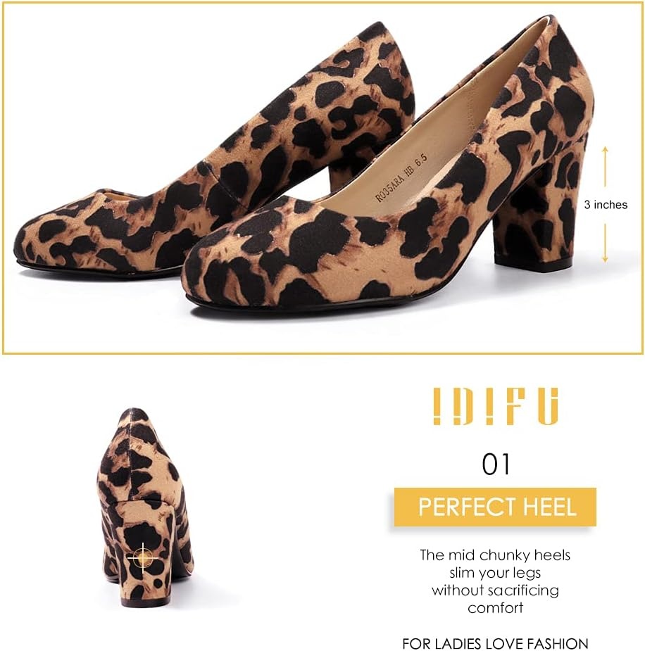 image:imageIDIFU Womens Sherry Dress Low Block Chunky Heels Pumps Closed Round Toe Shoes for Wedding Office EveningLeopard Suede