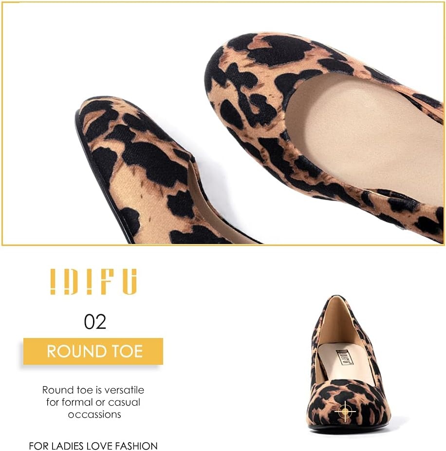 image:imageIDIFU Womens Sherry Dress Low Block Chunky Heels Pumps Closed Round Toe Shoes for Wedding Office EveningLeopard Suede