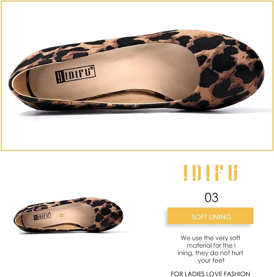 image:imageIDIFU Womens Sherry Dress Low Block Chunky Heels Pumps Closed Round Toe Shoes for Wedding Office EveningLeopard Suede