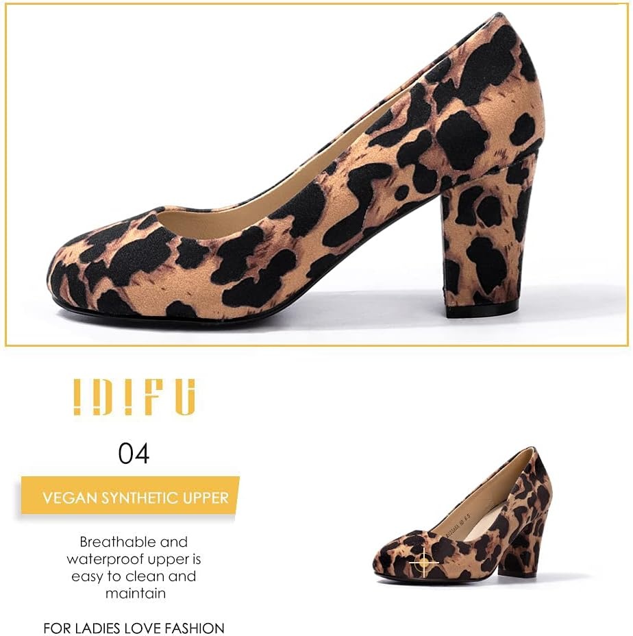 image:imageIDIFU Womens Sherry Dress Low Block Chunky Heels Pumps Closed Round Toe Shoes for Wedding Office EveningLeopard Suede