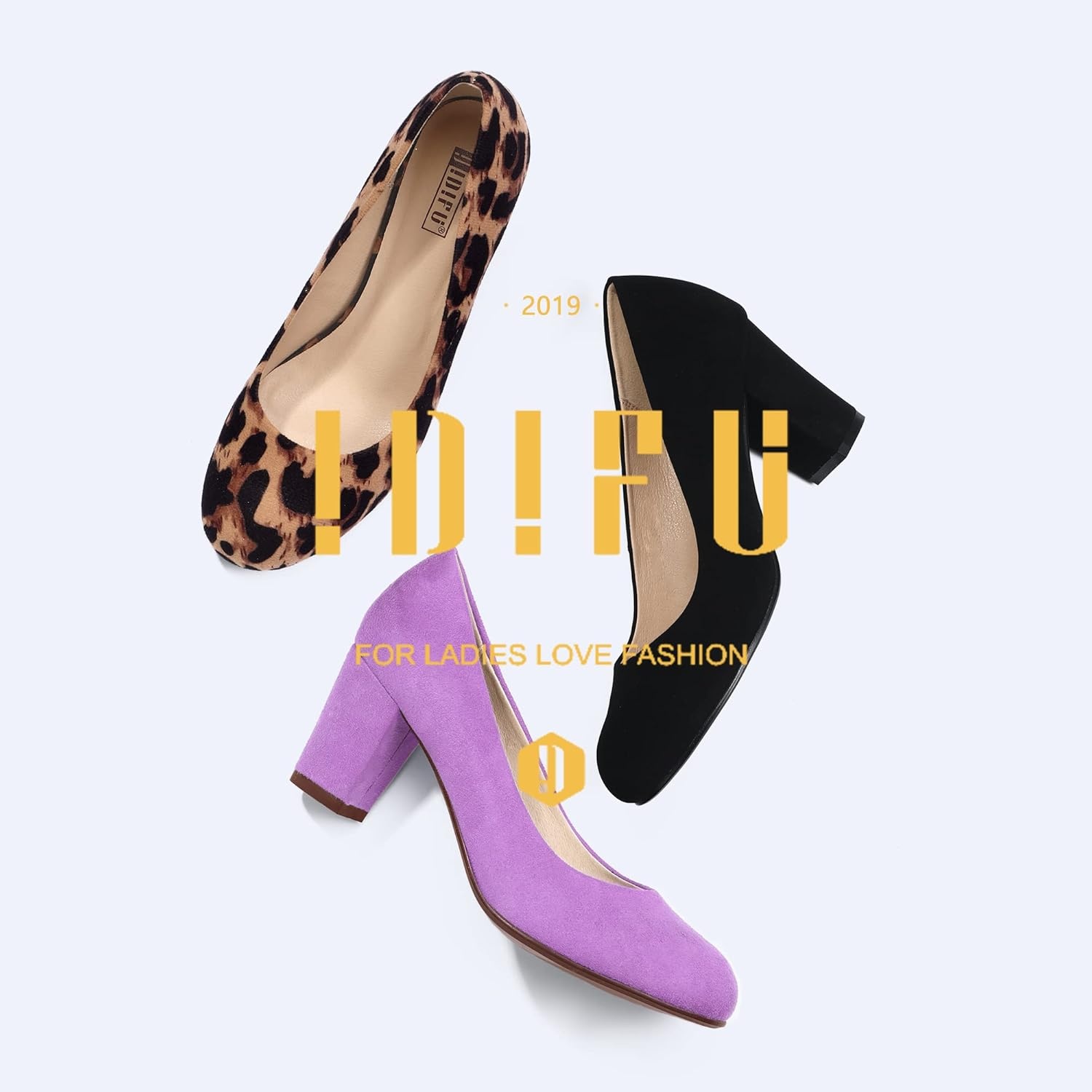 image:imageIDIFU Womens Sherry Dress Low Block Chunky Heels Pumps Closed Round Toe Shoes for Wedding Office EveningLeopard Suede