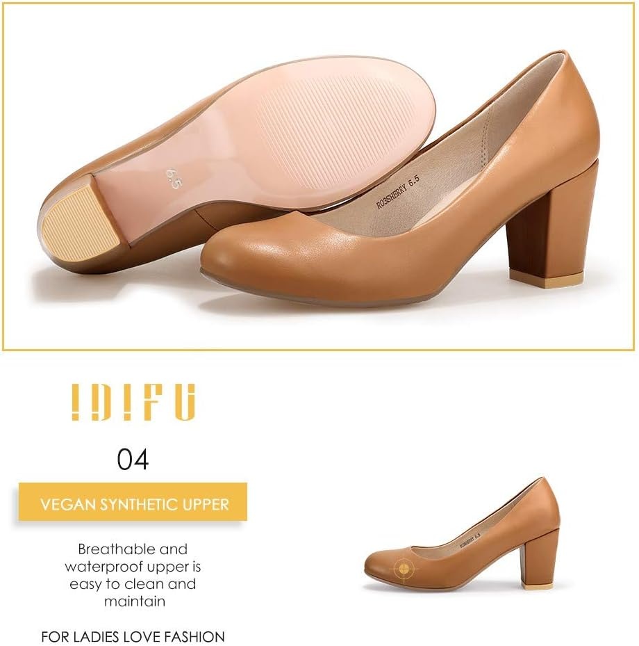 image:imageIDIFU Womens Sherry Dress Low Block Chunky Heels Pumps Closed Round Toe Shoes for Wedding Office EveningNude Pu