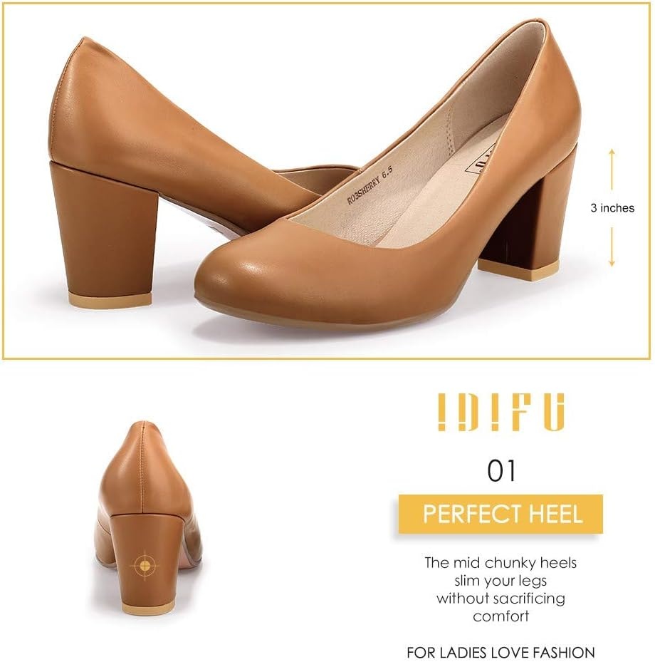image:imageIDIFU Womens Sherry Dress Low Block Chunky Heels Pumps Closed Round Toe Shoes for Wedding Office EveningNude Pu