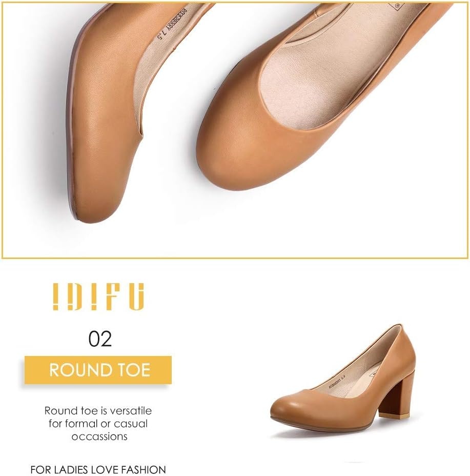 image:imageIDIFU Womens Sherry Dress Low Block Chunky Heels Pumps Closed Round Toe Shoes for Wedding Office EveningNude Pu