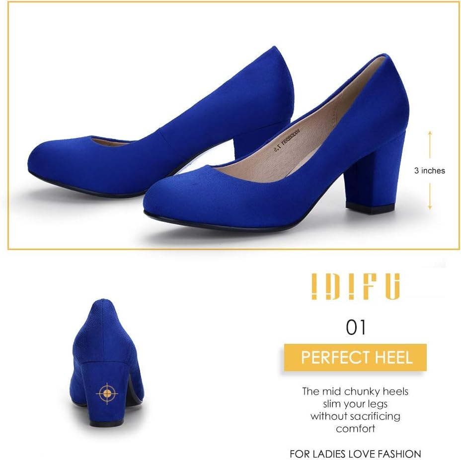 image:imageIDIFU Womens Sherry Dress Low Block Chunky Heels Pumps Closed Round Toe Shoes for Wedding Office EveningRoyal Blue Suede