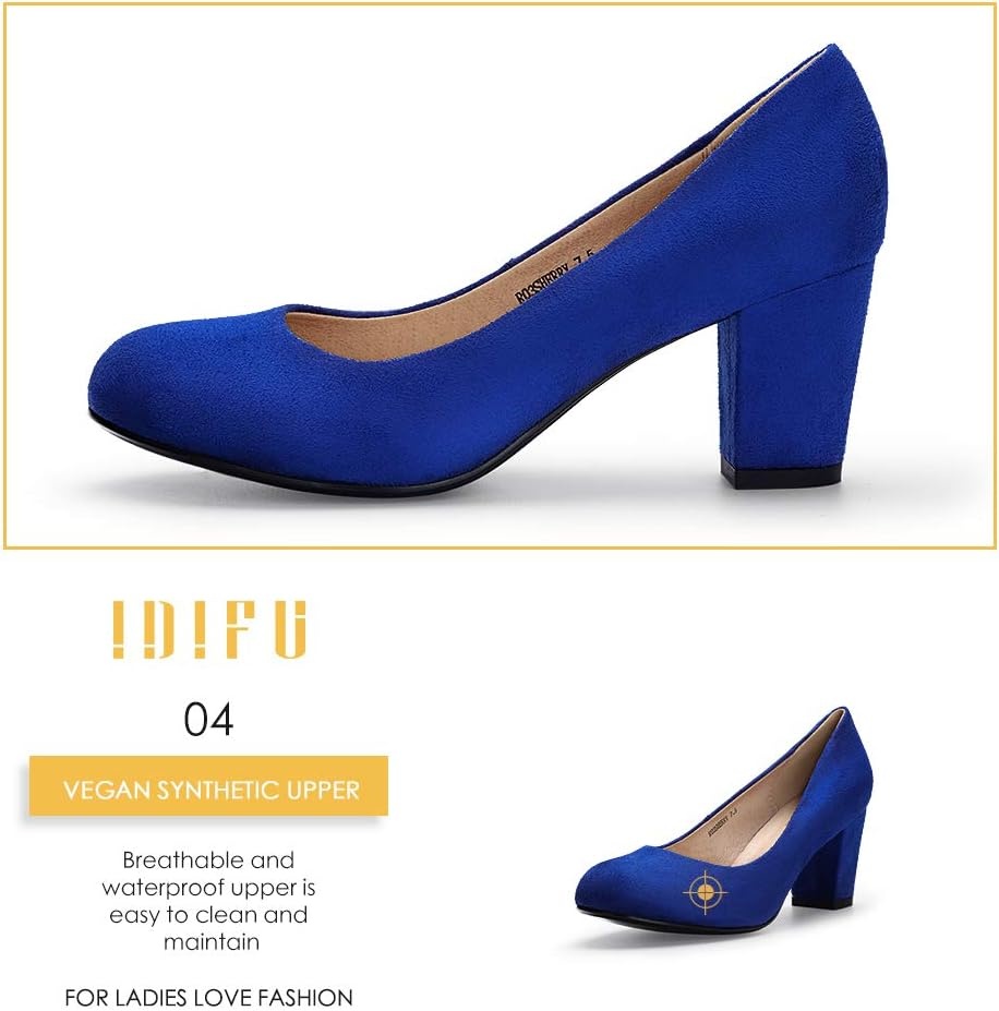 image:imageIDIFU Womens Sherry Dress Low Block Chunky Heels Pumps Closed Round Toe Shoes for Wedding Office EveningRoyal Blue Suede