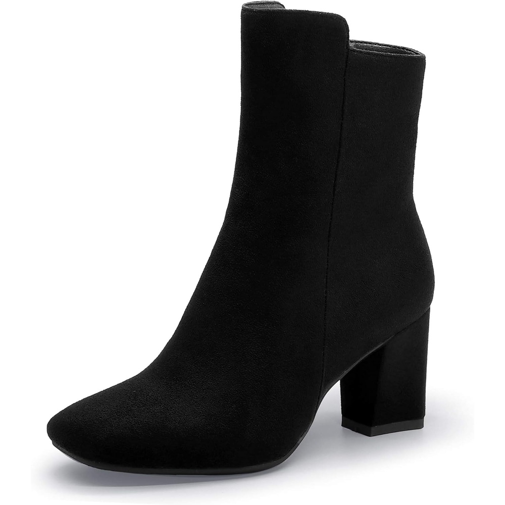 image:imageIDIFU Womens Ada Fashion Square Toe Ankle Boots Low Block Heel Short Boots Side Zipper Booties Shoes Half Size LargerBlack Suede