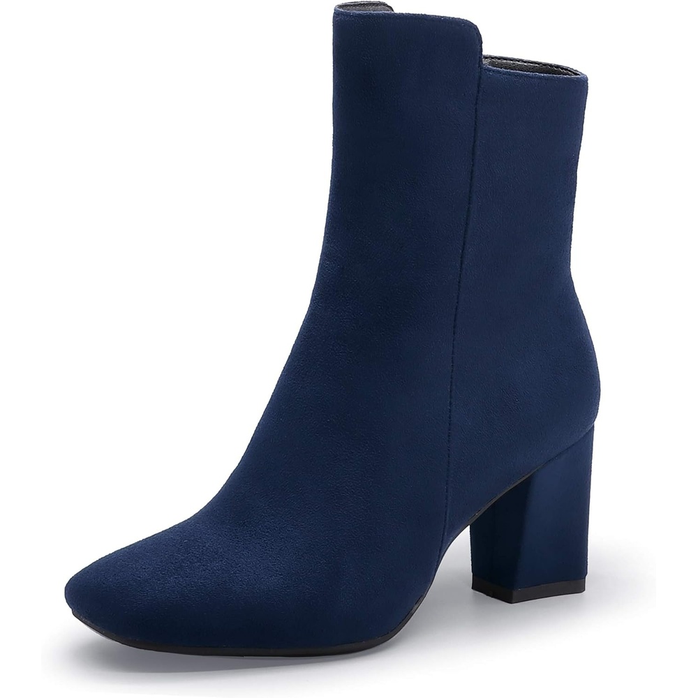image:imageIDIFU Womens Ada Fashion Square Toe Ankle Boots Low Block Heel Short Boots Side Zipper Booties Shoes Half Size LargerBlue Suede
