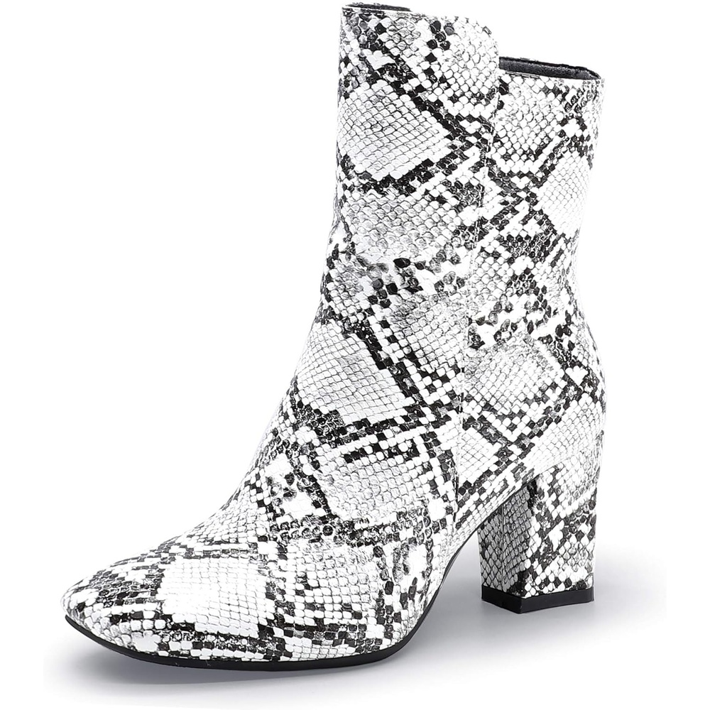 image:imageIDIFU Womens Ada Fashion Square Toe Ankle Boots Low Block Heel Short Boots Side Zipper Booties Shoes Half Size LargerSnake White