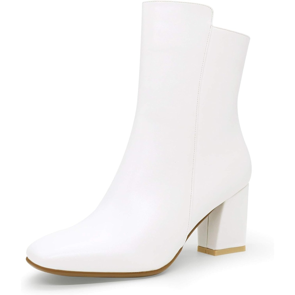 image:imageIDIFU Womens Ada Fashion Square Toe Ankle Boots Low Block Heel Short Boots Side Zipper Booties Shoes Half Size LargerWhite Pu