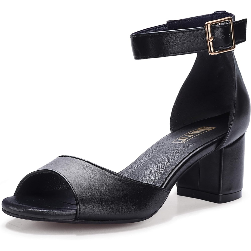 image:imageIDIFU Womens Candie Low Block Heels Sandals Peep Toe Chunky Ankle Strap Wedding Dress ShoesBlack Pu