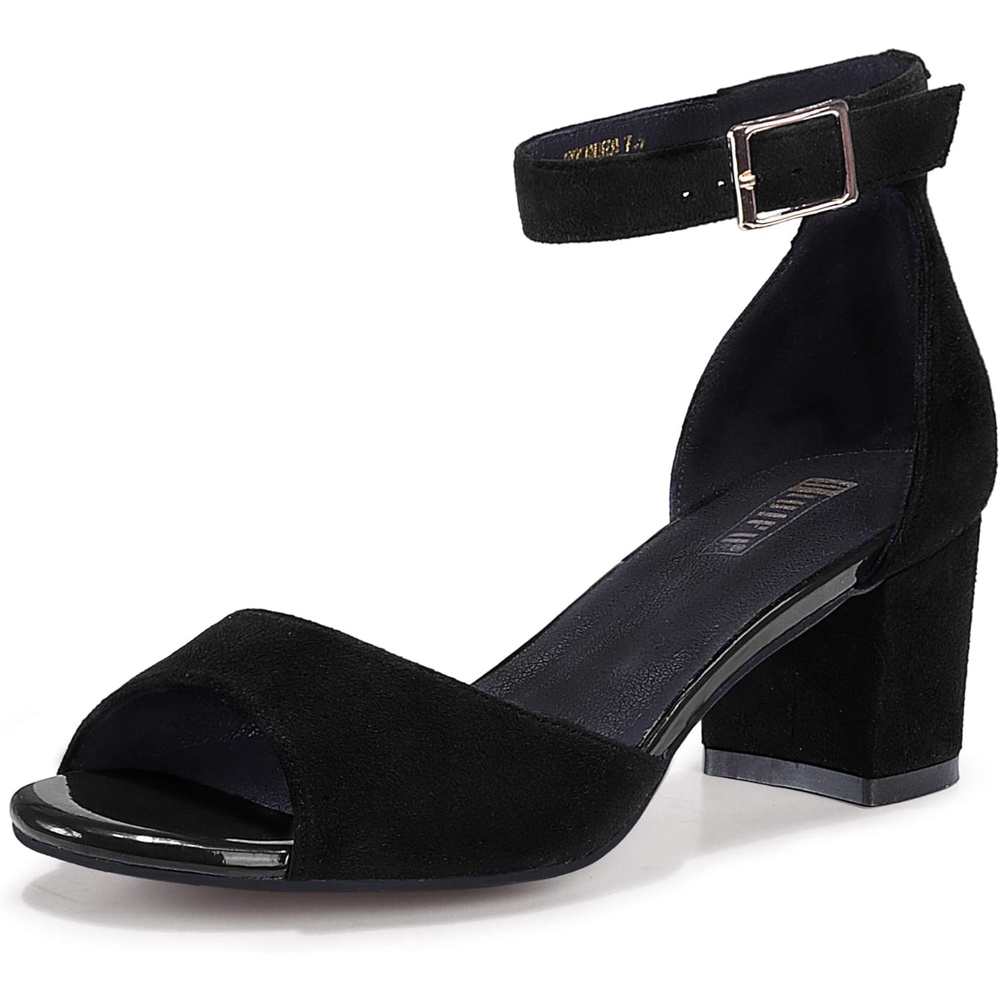 image:imageIDIFU Womens Candie Low Block Heels Sandals Peep Toe Chunky Ankle Strap Wedding Dress ShoesBlack Suede