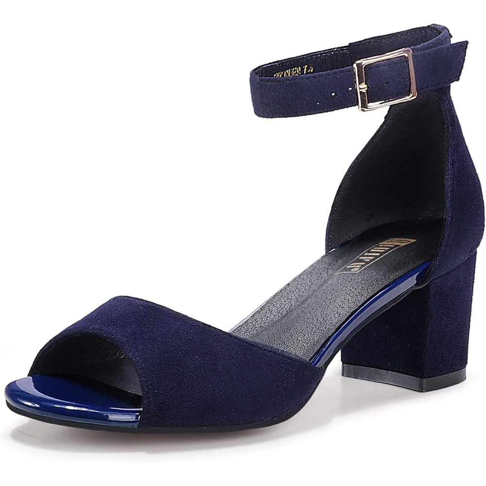 image:imageIDIFU Womens Candie Low Block Heels Sandals Peep Toe Chunky Ankle Strap Wedding Dress ShoesBlue Suede