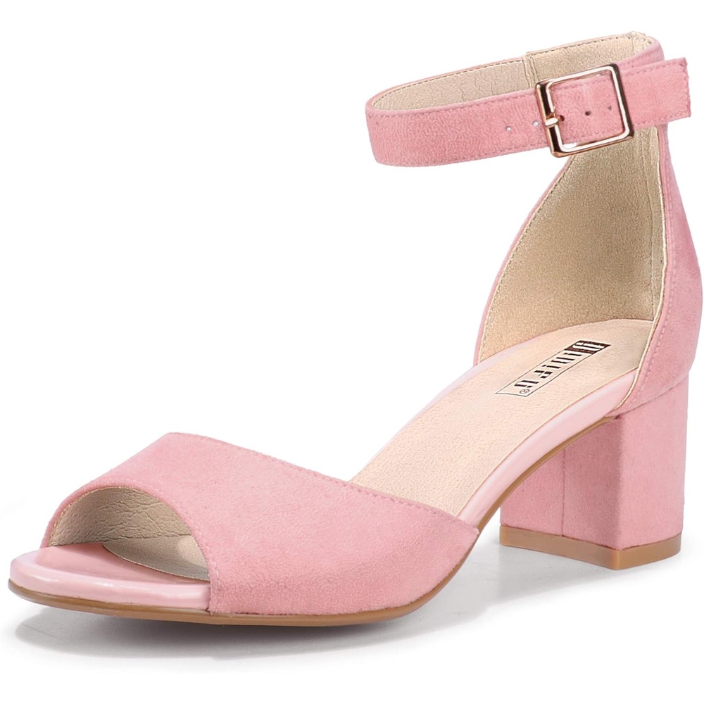 image:imageIDIFU Womens Candie Low Block Heels Sandals Peep Toe Chunky Ankle Strap Wedding Dress ShoesPink Suede