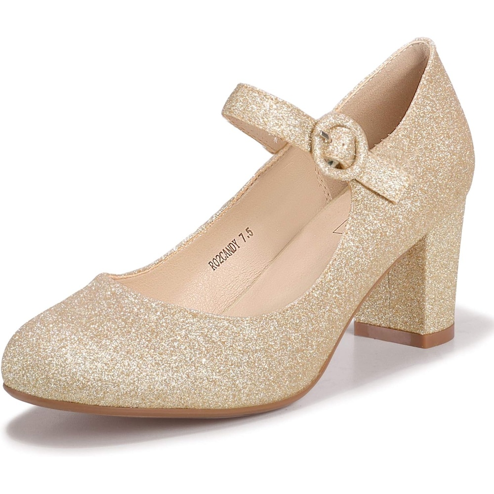 image:imageIDIFU Womens Candy Dress Mary Jane Shoes Low Block Heels Closed Round Toe Office Work Church Wedding PumpsGold Glitter