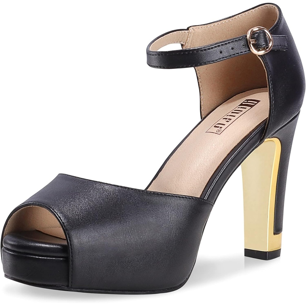 image:imageIDIFU Womens IN4 Mary Platform Chunky High Heels Sandals Peep Toe Dress Wedding Bridal Shoes for Women Bride BridesmaidBlack Pu Classic